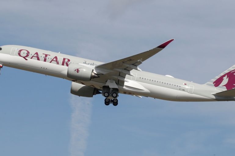 A Qatar Airways aircraft takes off at the aircraft builder''s headquarters of Airbus in Colomiers near Toulouse