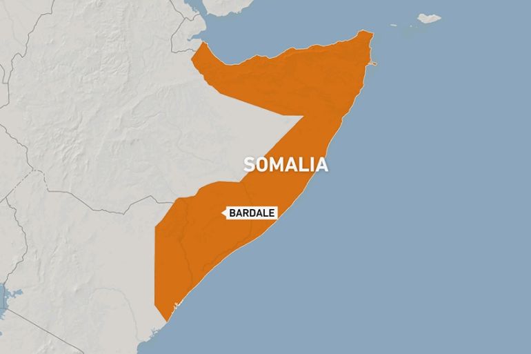 Somalia map showing the town of Bardale