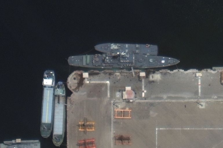 A satellite image shows an Iranian vessel Konarak, before it was damaged in an aftermath of a friendly-fire anti-ship missile accident, in a port city of Konarak, Iran April 30, 2020