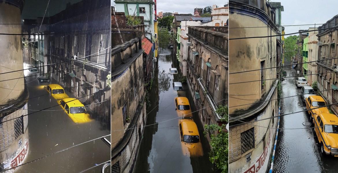 (COMBO) This combination of handout pictures created on May 21, 2020, and taken on May 20 and 21, 2020, received as a courtesy of Satyaki Sanyal shows vehicles in a flooded alleyway after the landfall