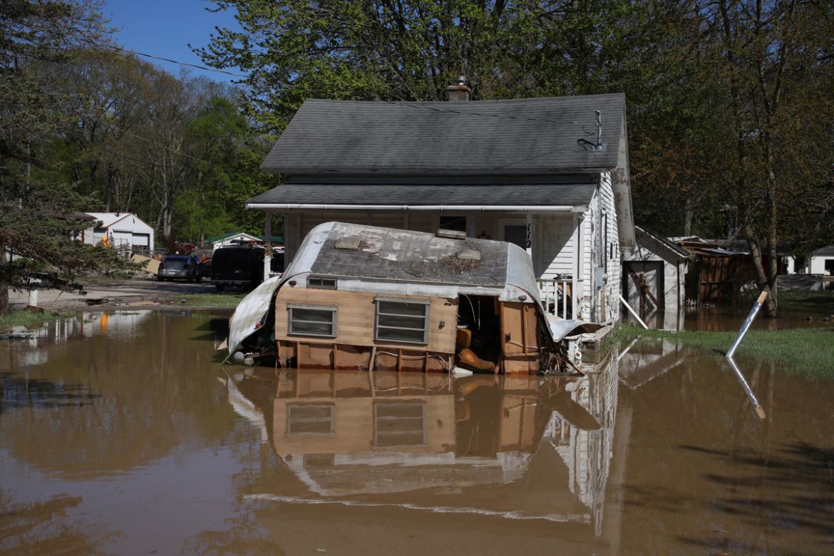 SANFORD, MICHIGAN - MAY 20: Homes flooded after water from the Tittabawassee River breached a nearby dam on May 20, 2020 in Sanford, Michigan. Thousands of residents have been ordered to evacuate afte