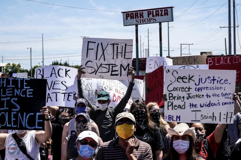 People take part in a Black Lives Matters protest during nationwide unrest following the death in Minneapolis police custody of George Floyd, in Oklahoma City, Oklahoma, U.S., May 31, 2020. REUTERS/Ni