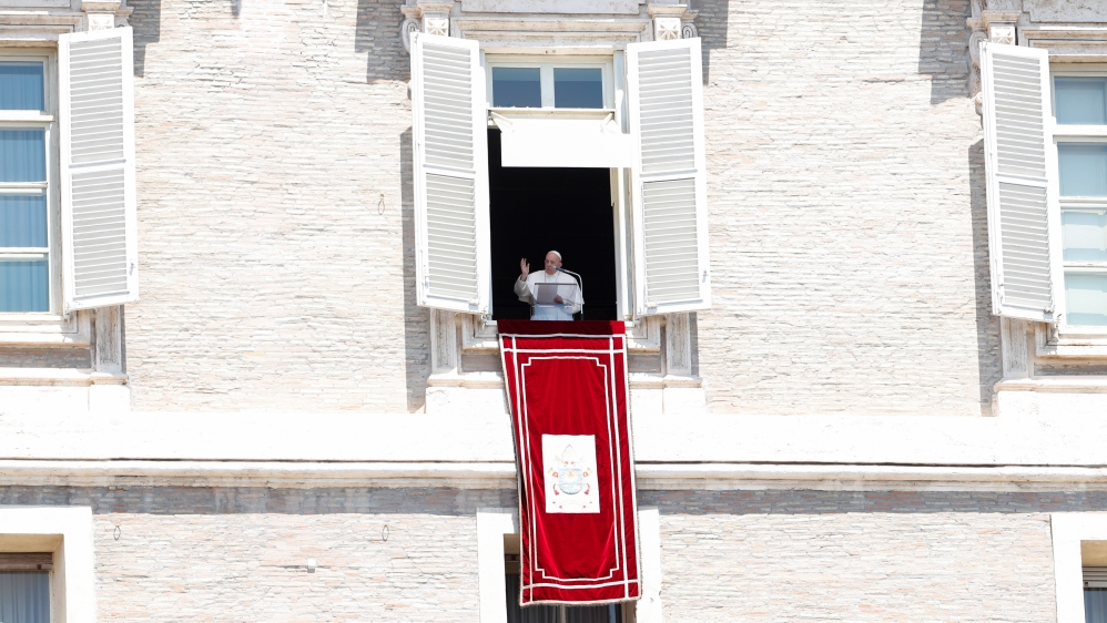 Pope Francis leads the Regina Coeli prayer for the first time in three months at the Vatican