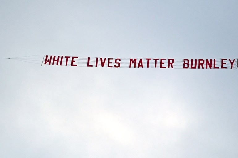 s "White Lives Matter Burnley" on it over Manchester City''s Etihad Stadium