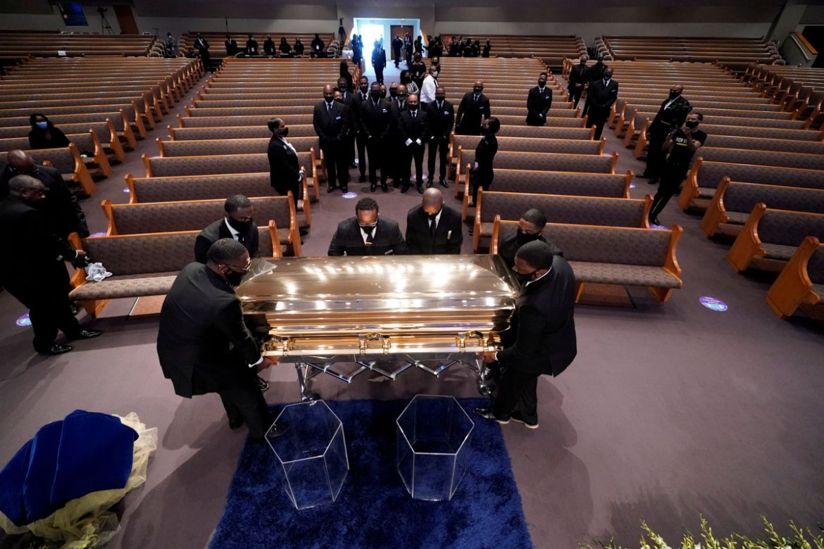The casket of George Floyd is placed in the chapel during a funeral service for Floyd at the Fountain of Praise church, in Houston, Texas, U.S., June 9, 2020. David J. Phillip/Pool via REUTERS