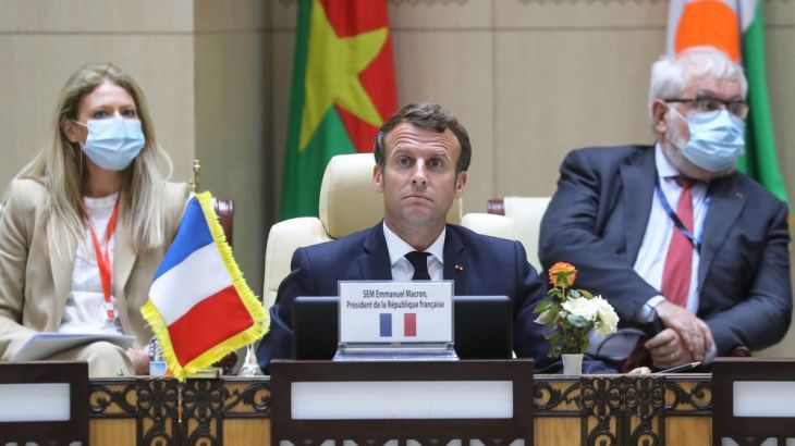 French President Emmanuel Macron takes part in a working session with leaders of the G5 Sahel West African countries during the G5 Sahel summit in Nouakchott