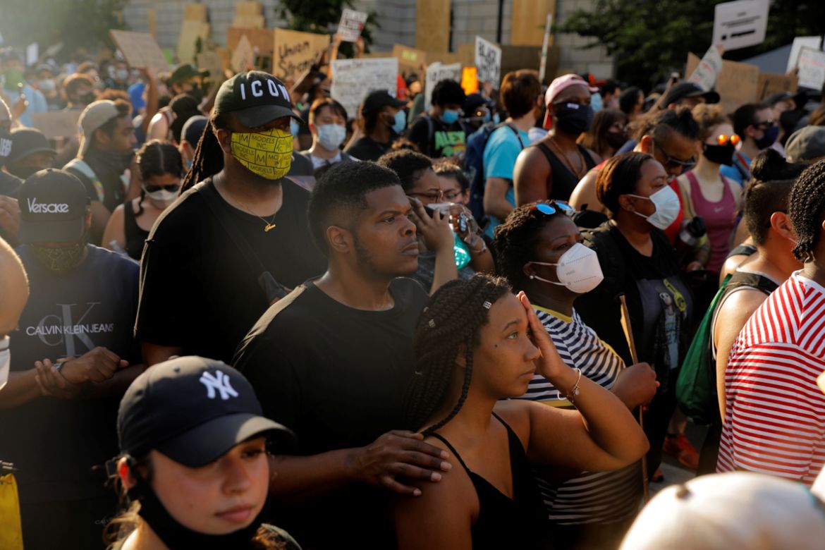 Demonstrators take part in a protest against racial inequality in the aftermath of the death in Minneapolis police custody of George Floyd, near the Lafayette Park, in Washington, U.S. June 6, 2020. R