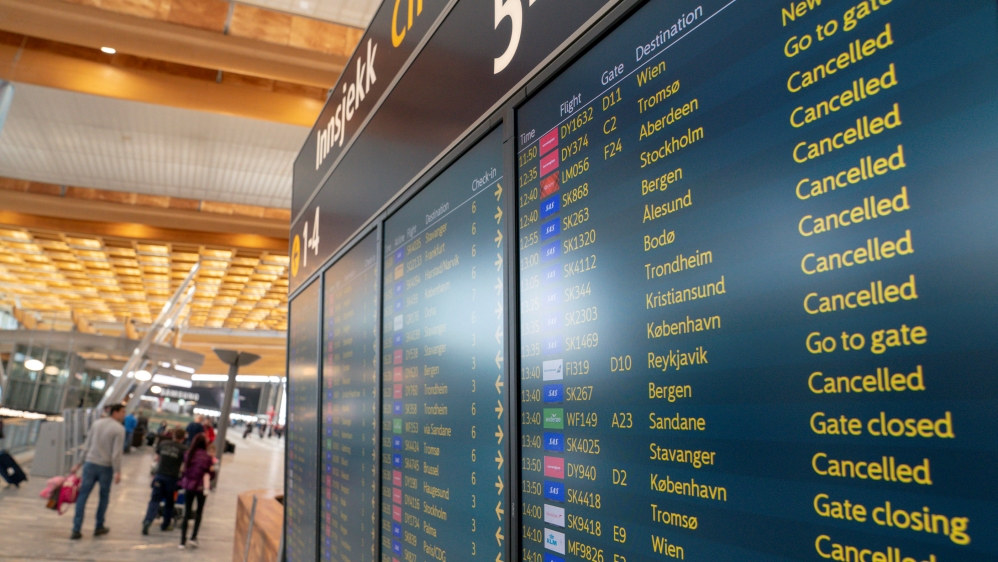 Info board shows cancelled SAS flights at the Oslo Airport, Gardermoen