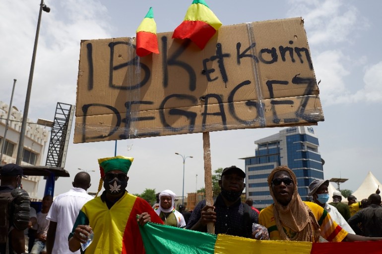 MALI-RELIGION-POLITICS Malians gather for a demonstration in the Independence square in Bamako on June 5, 2020. Imam Mahmoud Dicko, one of the most influential personalities in Malian political lands