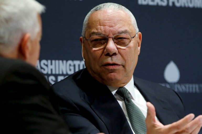 Former U.S. Secretary of State Powell takes part in an onstage interview with Aspen Institute President and CEO Isaacson at the Washington Ideas Forum in Washington