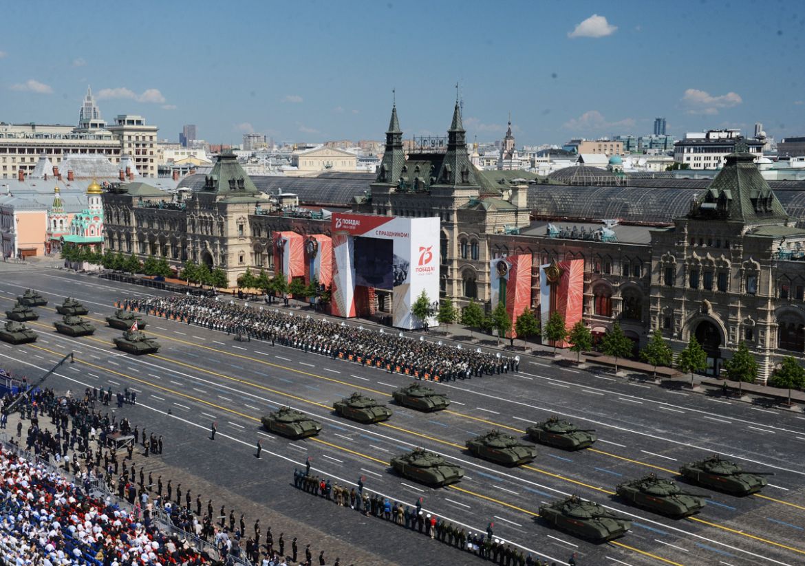 Russian T-80BVM and T-14 Armata tanks drive during the Victory Day Parade in Red Square in Moscow, Russia, June 24, 2020. The military parade, marking the 75th anniversary of the victory over Nazi Ger