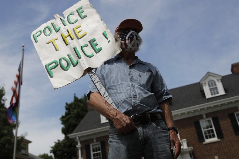 People gather in front of the St. Paul, Minn. governor''s mansion on Saturday, June 6, 2020. Protests continue over the death of George Floyd who died after being restrained by Minneapolis police offic