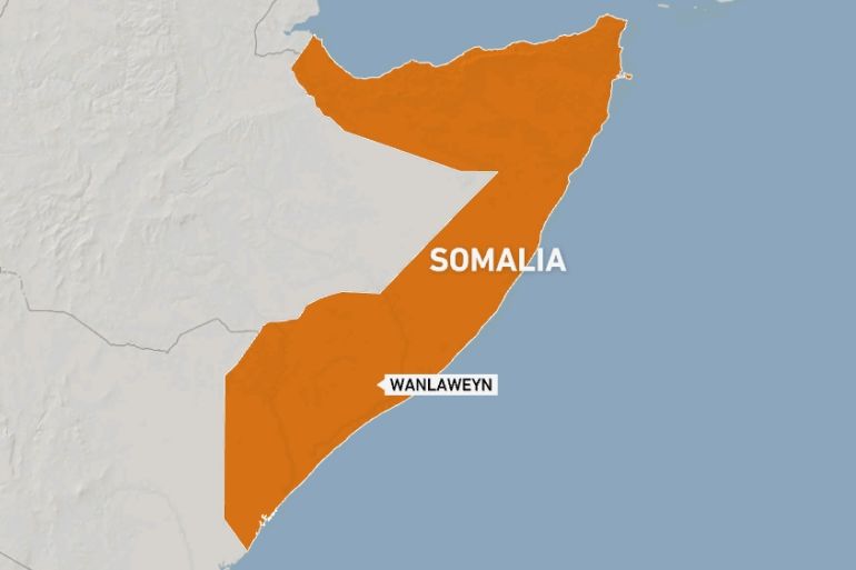 Somalia map showing Wanlaweyn town