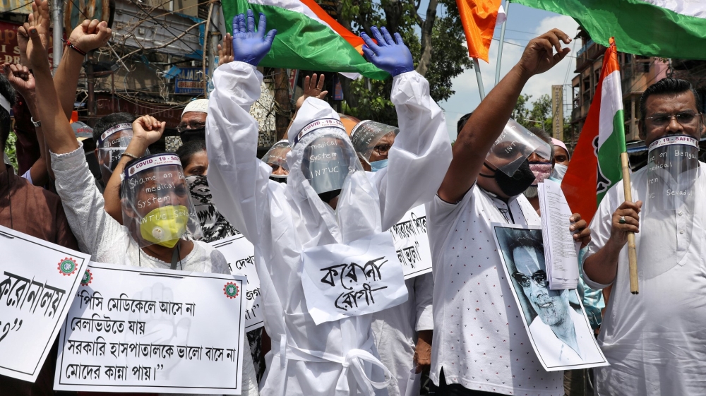 Protest demanding better treatment for people infected with COVID-19 in Kolkata