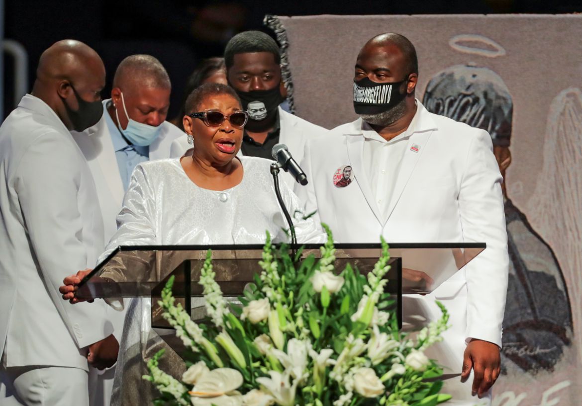 The family of of George Floyd comes to the podium to speak during the funeral for George Floyd, June 9, 2020, at The Fountain of Praise church in Houston. Floyd died after being restrained by Minneapo