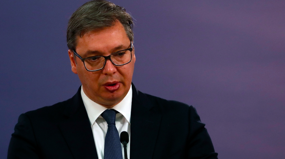 In this photo taken on Thursday, June 18, 2020, Serbia's President Aleksandar Vucic speaks during a joint press conference after talks with Russian Foreign Minister Sergey Lavrov, in Belgrade
