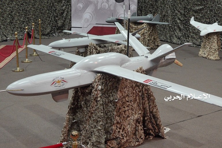 Drone aircrafts are put on display at an exhibition at an unidentified location in Yemen in this undated handout photo released by the Houthi Media Office July 9, 2019. Houthi Media Office/Handout via