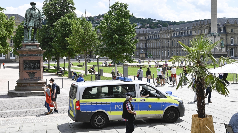 Police patrols on the Castle Square (Schlossplatz) in Stuttgart, southern Germany on June 21, 2020, after hundreds of people ran riot in Stuttgart's city centre earlier in the night throwing stones an