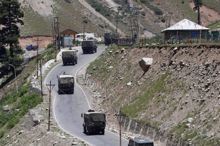 An Indian army convoy moves along Srinagar-Leh national highway, at Gagangeer, in east Kashmir''s Ganderbal district, June 15, 2020. REUTERS/Danish Ismail