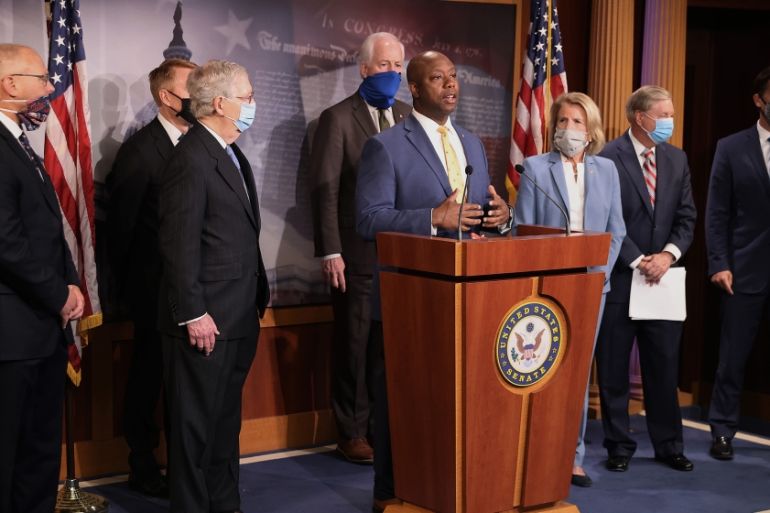 WASHINGTON, DC - JUNE 17: Sen. Tim Scott (R-SC) (C) is joined by Senate Majority Leader Mitch McConnell (R-KY), Senate Judiciary Committee Chairman Lindsey Graham (R-SC), Sen. Shelley Moore Capito (R-