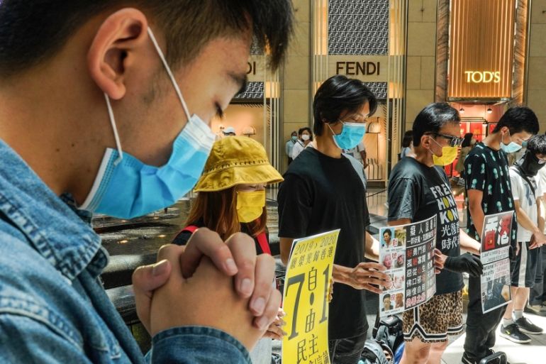Protesters gather at a shopping mall in Central during a pro-democracy protest against Beijing''s national security law in Hong Kong, Tuesday, June 30, 2020. Hong Kong media are reporting that China ha