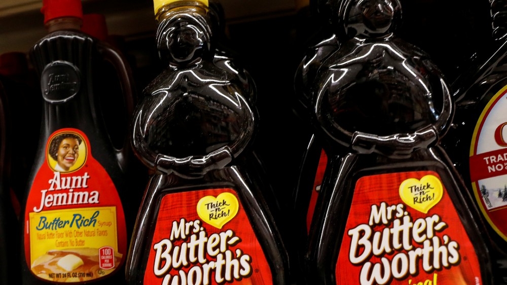 Bottles of Mrs. Butter-Worth's branded syrup are seen along side Aunt Jemima branded syrup on a store shelf in the Brooklyn borough of New York