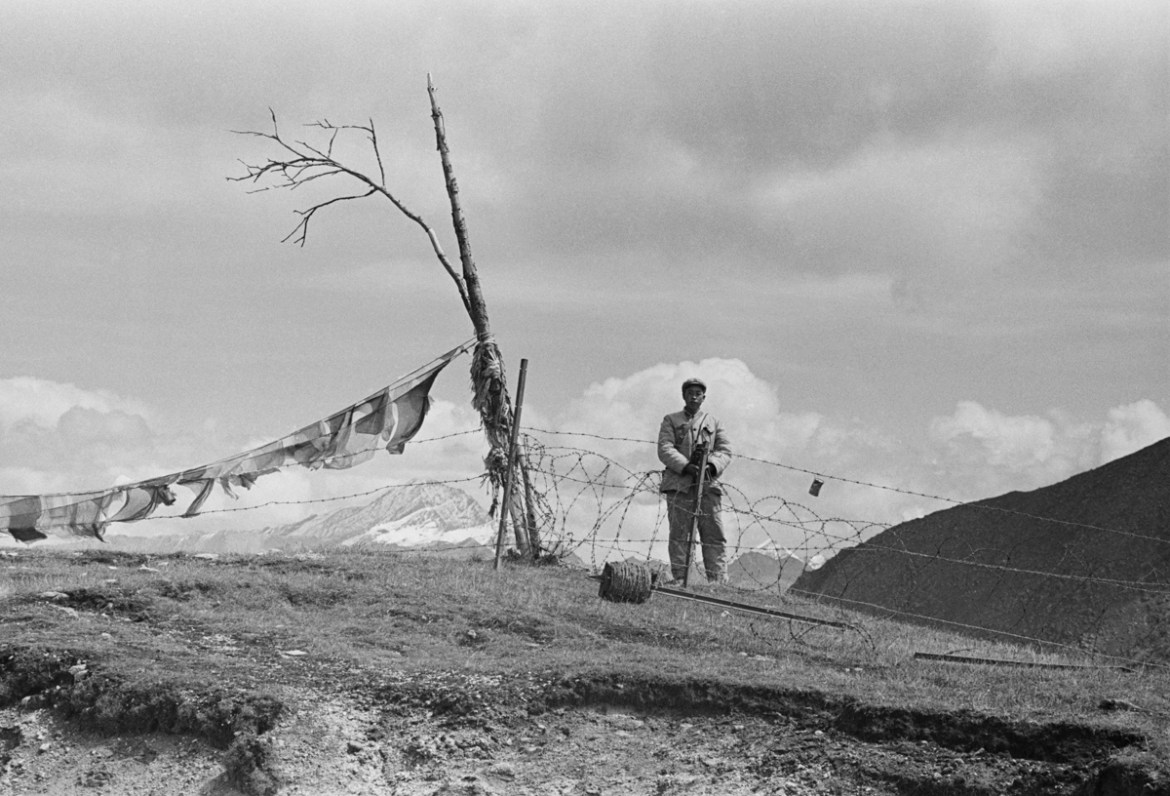 Chinese soldiers guard the border on the Nathu La mountain pass connecting India and China''s Tibet Autonomous Region during the Chola incident (or Sino-Indian skirmish), Himalayas, 3rd October 1967. (