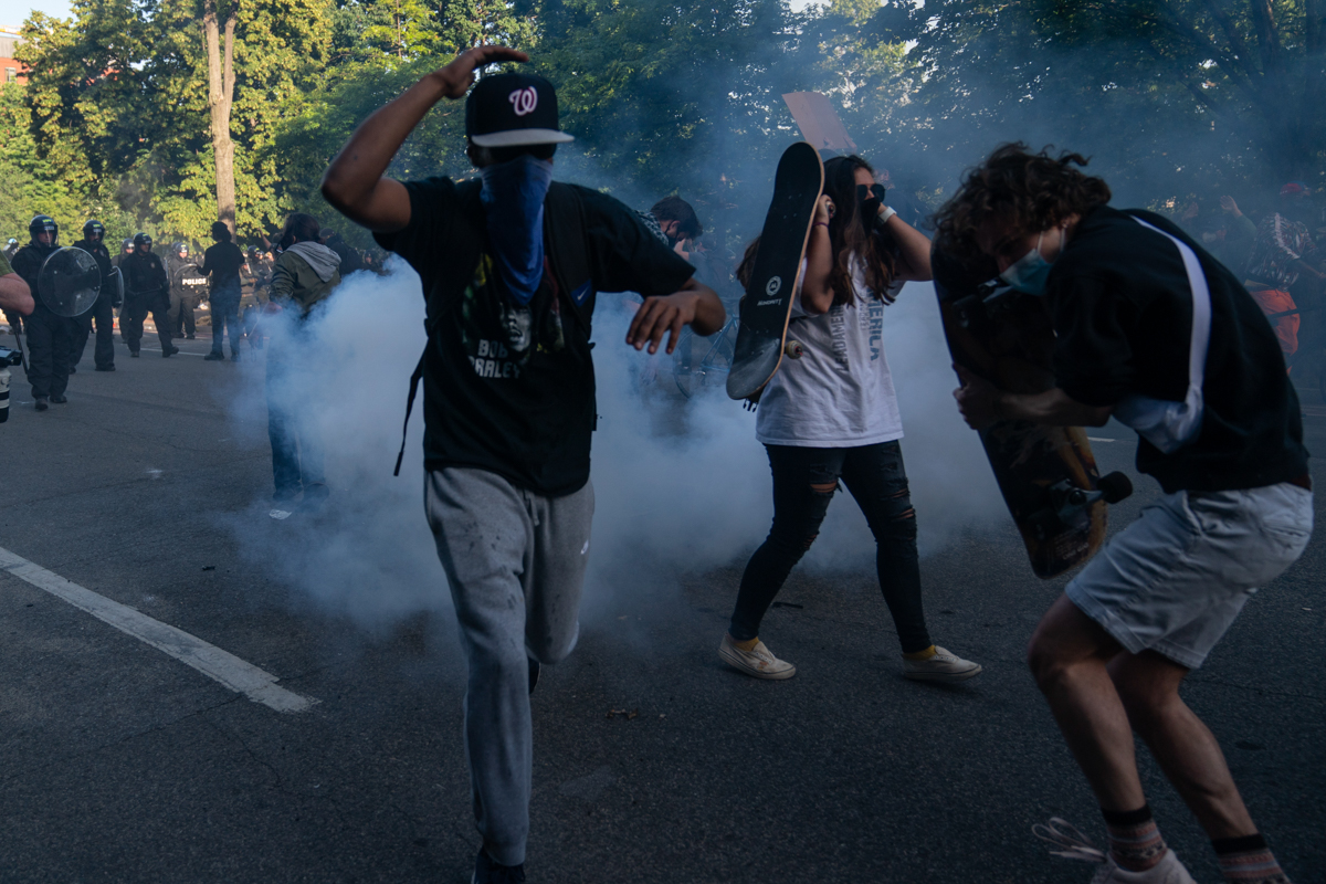 Demonstrators gather to protest the death of George Floyd, Monday, June 1, 2020, near the White House in Washington. Floyd died after being restrained by Minneapolis police officers. (AP Photo/Evan Vu