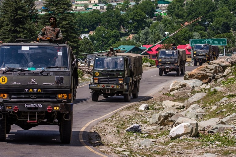 GAGANGIR, KASHMIR, INDIA - JUNE 19: An Indian army convoy drives towards Leh, on a highway bordering China, on June 19, 2020 in Gagangir, India. As many as 20 Indian soldiers were killed in a "violent