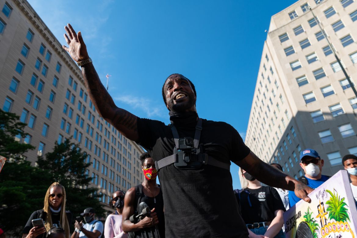 Mike D''angelo speaks to a crowd surrounding him near Lafayette Park adjacent to the White House during a demonstration against racism and police brutality, in Washington, DC on June 6, 2020. - Demonst