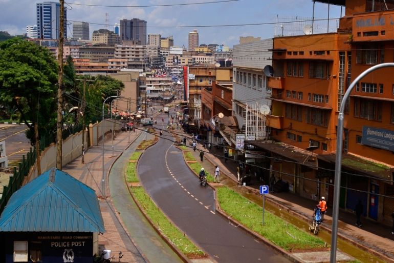 A view of deserted streets as part of coronavirus (COVID-19) measures in Kampala, Uganda on April 3, 2020. It is reported that travel by motorcycles and bicycles is allowed in the country. Security fo