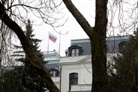 A national flag of Russia flies on the Russian embassy in Prague