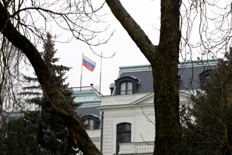 A national flag of Russia flies on the Russian embassy in Prague