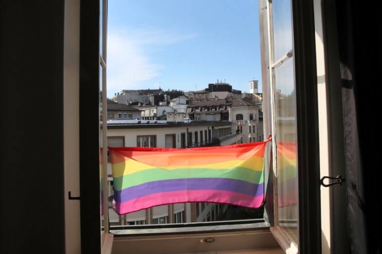 A rainbow flag is pictured on the window at Vogay in Lausanne