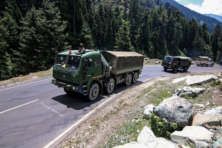 0 Indian soldiers killed in India-China face-off - - KASHMIR, INDIA-JUNE 17: Indian army convoy moves along the Srinagar-Leh National highway towards Ladakh on June 17, 2020.At least 20 Indian soldier