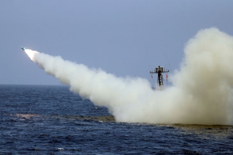 FILE PHOTO: An Iranian locally made cruise missile is fired during war games in the northern Indian Ocean and near the entrance to the Gulf, Iran June 17, 2020. Picture taken June 17, 2020. WANA (West