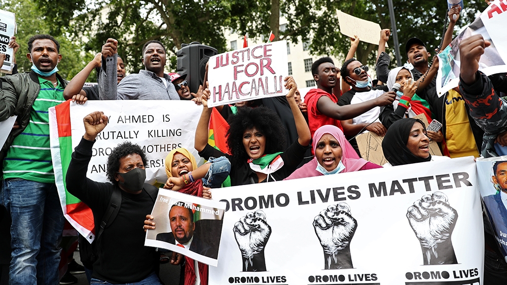 People gather to protest against the treatment of Ethiopia's ethnic Oromo group, outside Downing Street in London, Britain, July 3, 2020. REUTERS/Simon Dawson