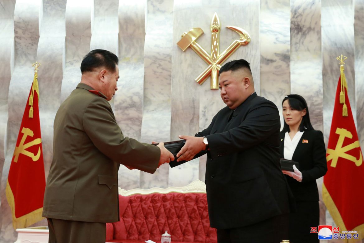 North Korean leader Kim Jong Un and his sister Kim Yo Jong participate in an event to confer "Paektusan" commemorative pistols to leading commanding officers of the armed forces on the 67th anniversar