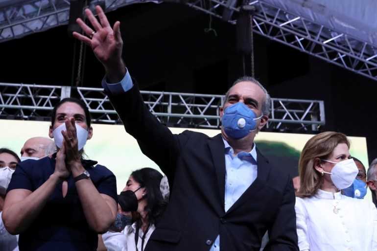 Presidential candidate Luis Abinader, of the opposition Modern Revolutionary Party (PRM), celebrates in Santiago
