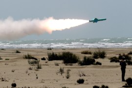 An Iranian locally made cruise missile is fired during war games in the northern Indian Ocean and near the entrance to the Gulf