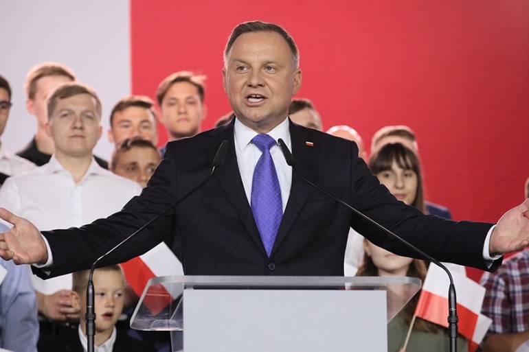 epa08542560 Incumbent President Andrzej Duda speaks after initial exit polls in Polish Presidential elections in Pultusk, Poland, 12 July 2020. According to initiall exit polls, Polish President Andrz