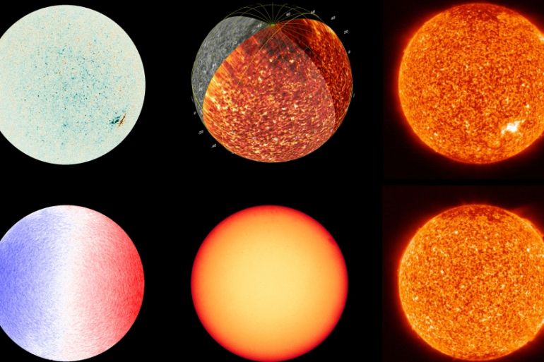 out side image Images of the Sun taken with Polarimetric and Helioseismic Imager (PHI) and Extreme Ultraviolet Imager (EUI) of the Solar Orbiter spacecraft are seen in a combination of photographs rel