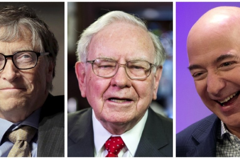 A combination photo shows L-R: Bill Gates in Washington on April 18, 2016, Warren Buffett, in New York on September 8, 2015 and Jeff Bezos in New York on December 2, 2014 respectively.