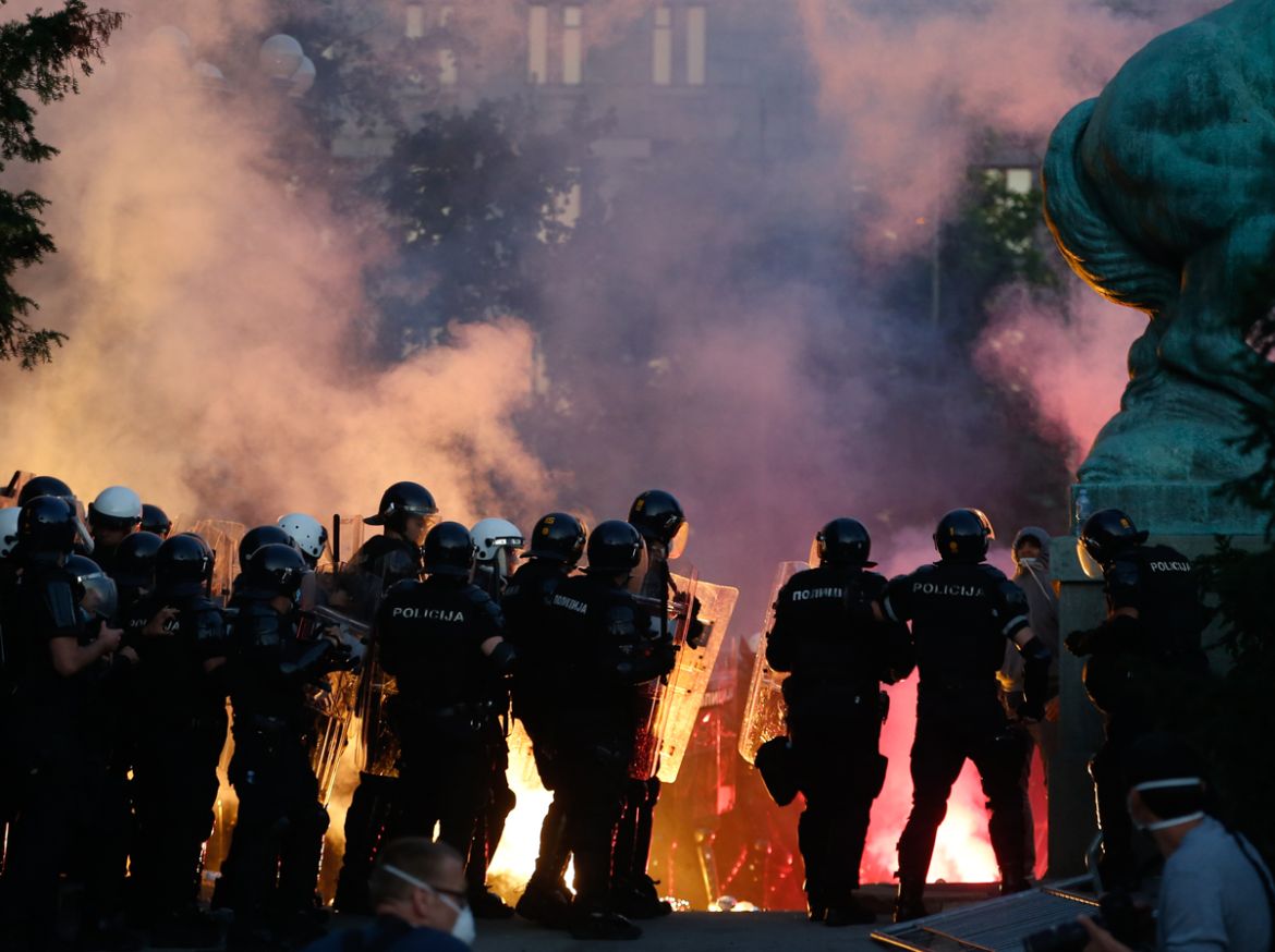Serbian riot police clashes with protesters in Belgrade, Serbia, Wednesday, July 8, 2020. Serbia''s president Aleksandar Vucic backtracked Wednesday on his plans to reinstate a coronavirus lockdown in