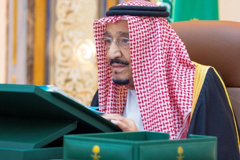 Saudi King Salman bin Abdulaziz attends a cabinet meeting via video call from Kind Faisal Hospital, in Riyadh