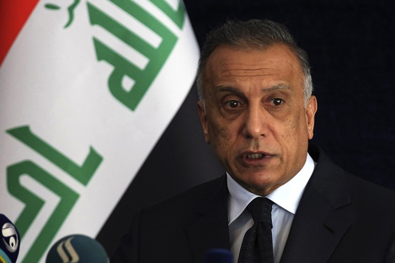 epa08548068 Iraqi Prime Minister Mustafa al-Kadhemi speaks during a press conference in Basra, southern Iraq, 15 July 2020. Al-Kadhimi arrived in Basra governorate to attend a Council of Ministers me
