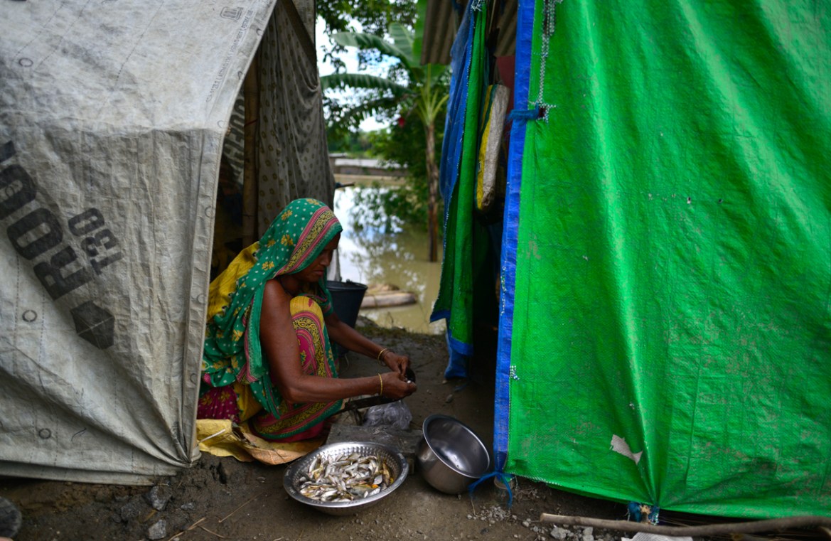 epaselect epa08545574 A woman cleans fish caught in flood waters in a makeshift camp in the flood affected Kamrup district of Assam, India, 14 July 2020. According to news reports, heavy rainfall dur