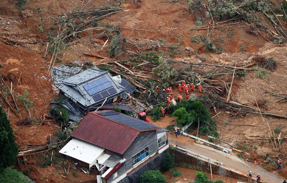 epaselect epa08526688 An aerial view shows rescue operations in Ashikita, Kumamoto prefecture, southwestern Japan, 04 July 2020. Local authorities asked the evacuation of more than 200,000 residents i