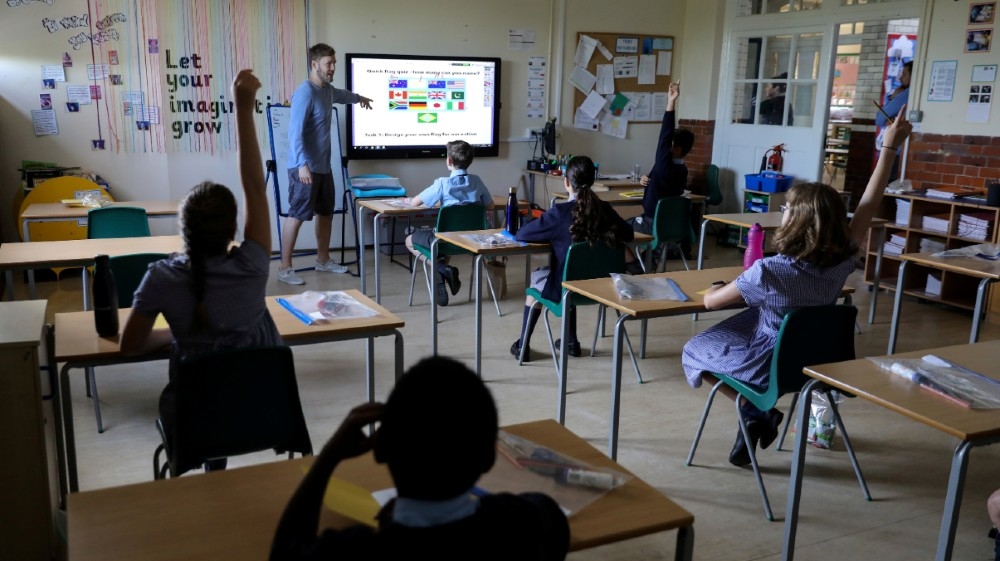 A year six classroom at St John's Primary School as some children returned to the school as the coronavirus disease (COVID-19) lockdown eases in Fulham, West London, Britain, 