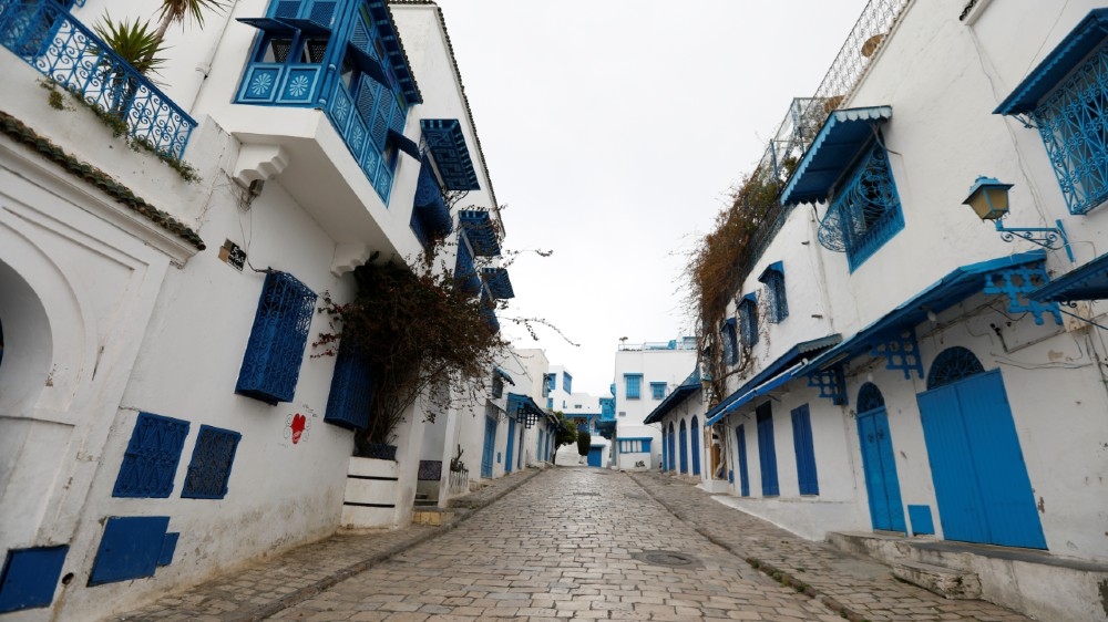 A general view shows a empty street in Sidi Bou Said, an attractive tourist destination, as the country extended the lockdown by two weeks to contain the spread of the coronavirus 